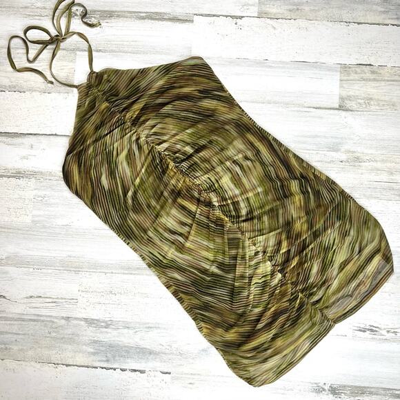 PrettyLittleThing Khaki Printed Halterneck Ruched Front Mesh Bodycon Dress 16 - Picture 3 of 9